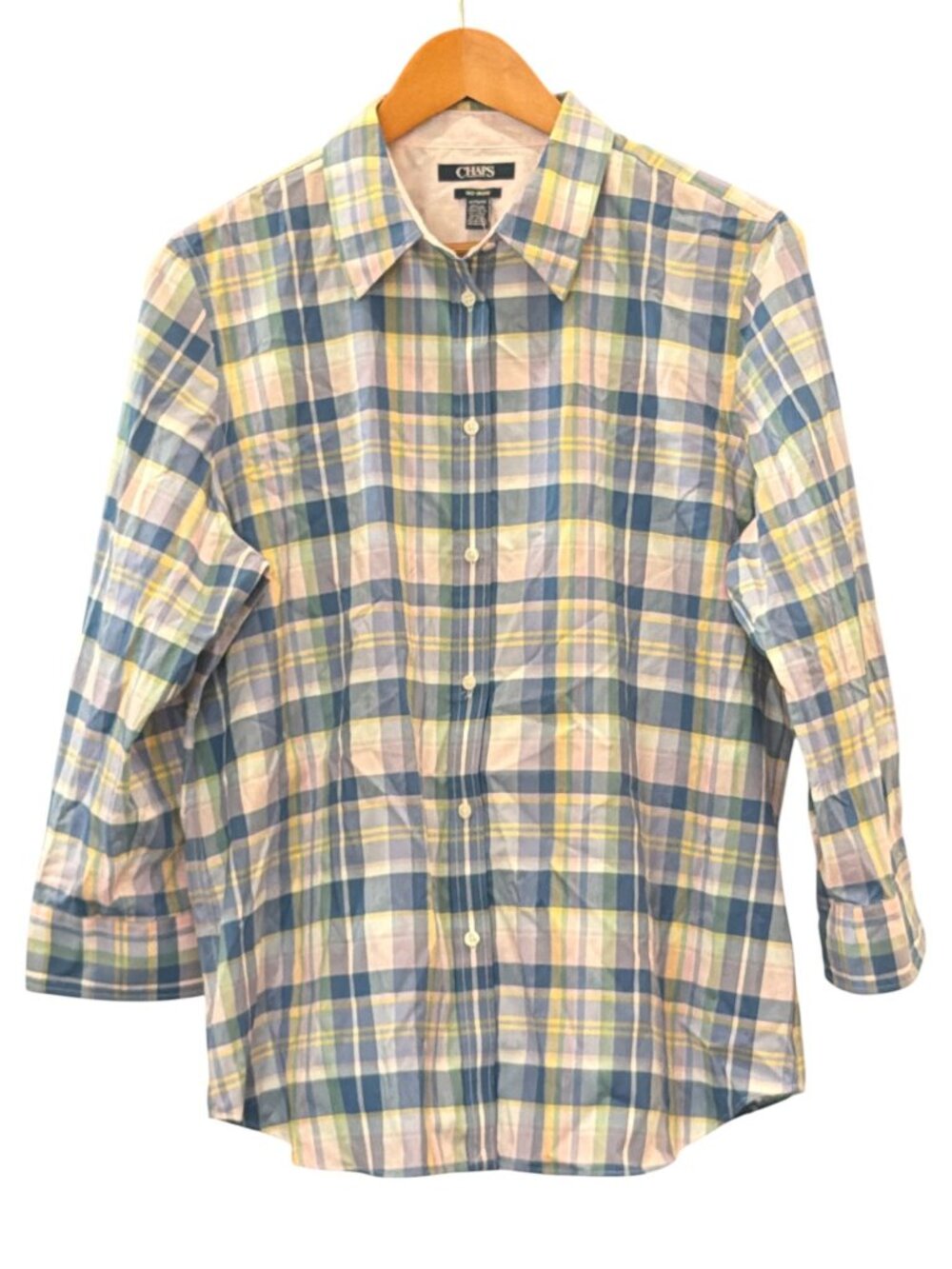 Chaps XL Plaid No-Iron Cotton Button-Down Shirt Blue & Pink Stripes